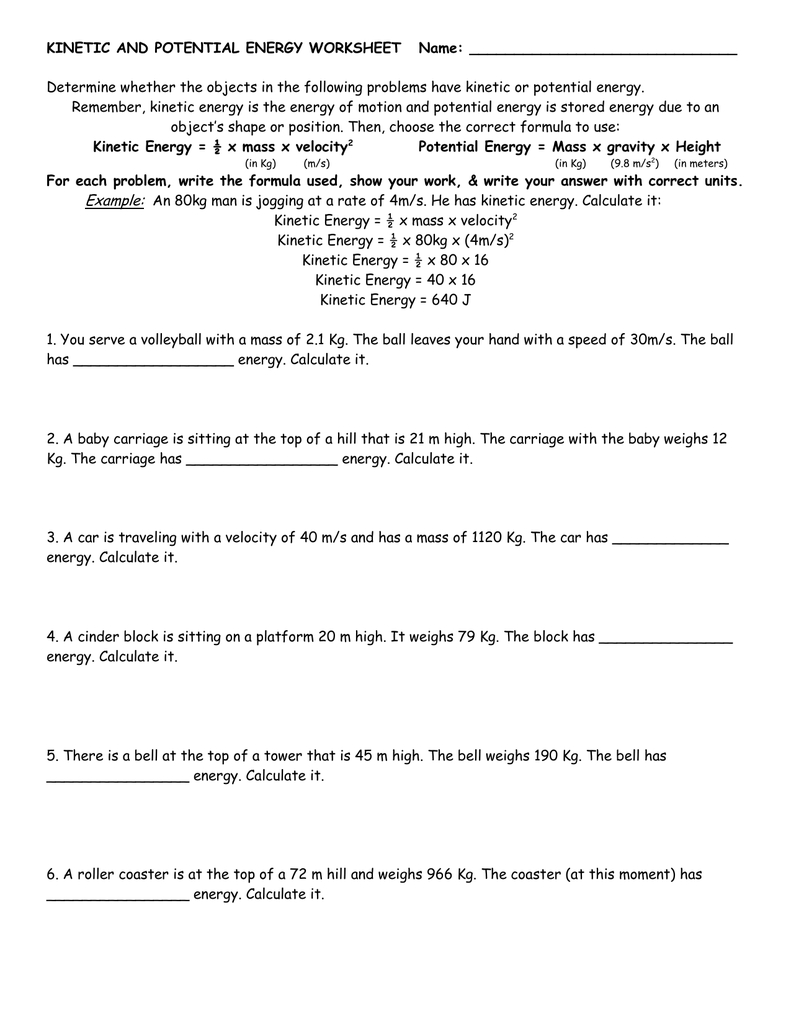 Kinetic and Potential Energy Worksheet Answer Key