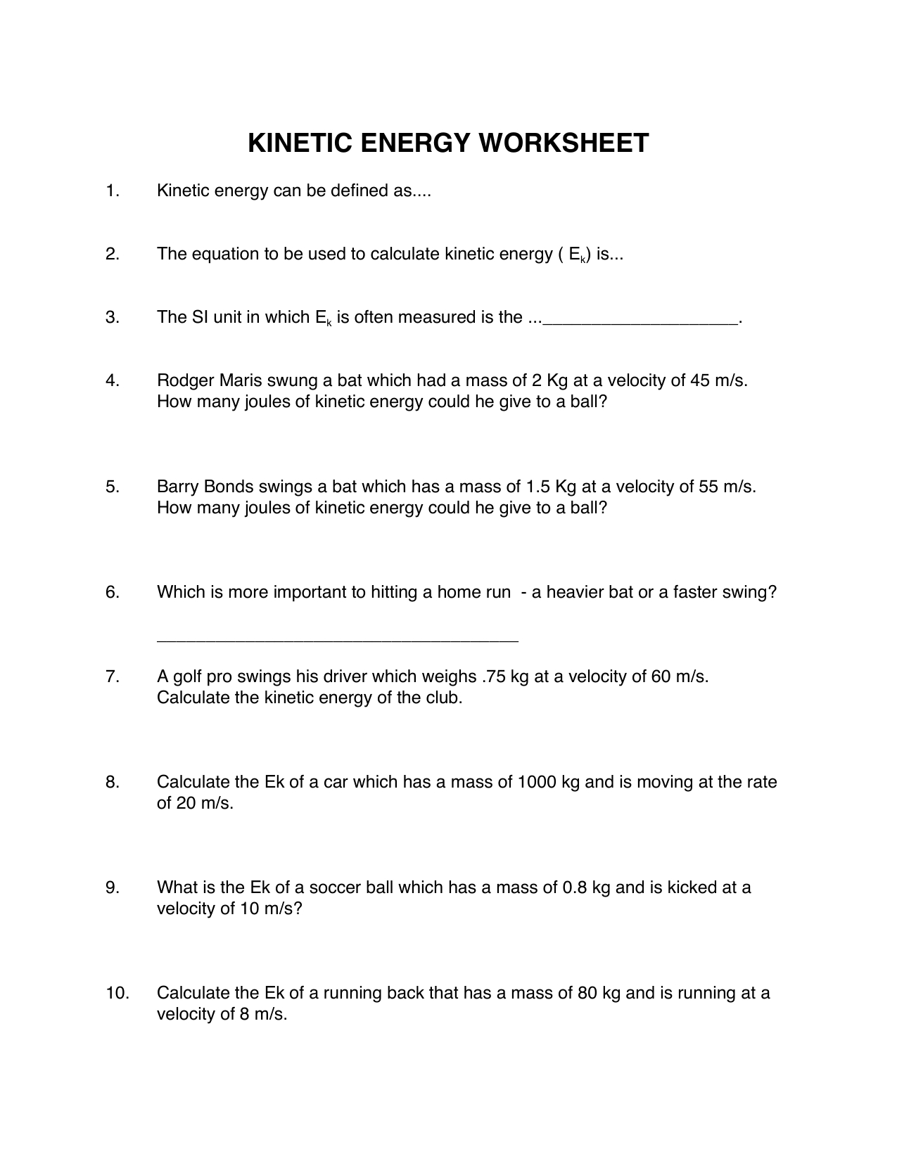 Kinetic and Potential Energy Worksheet Exercises and Answers