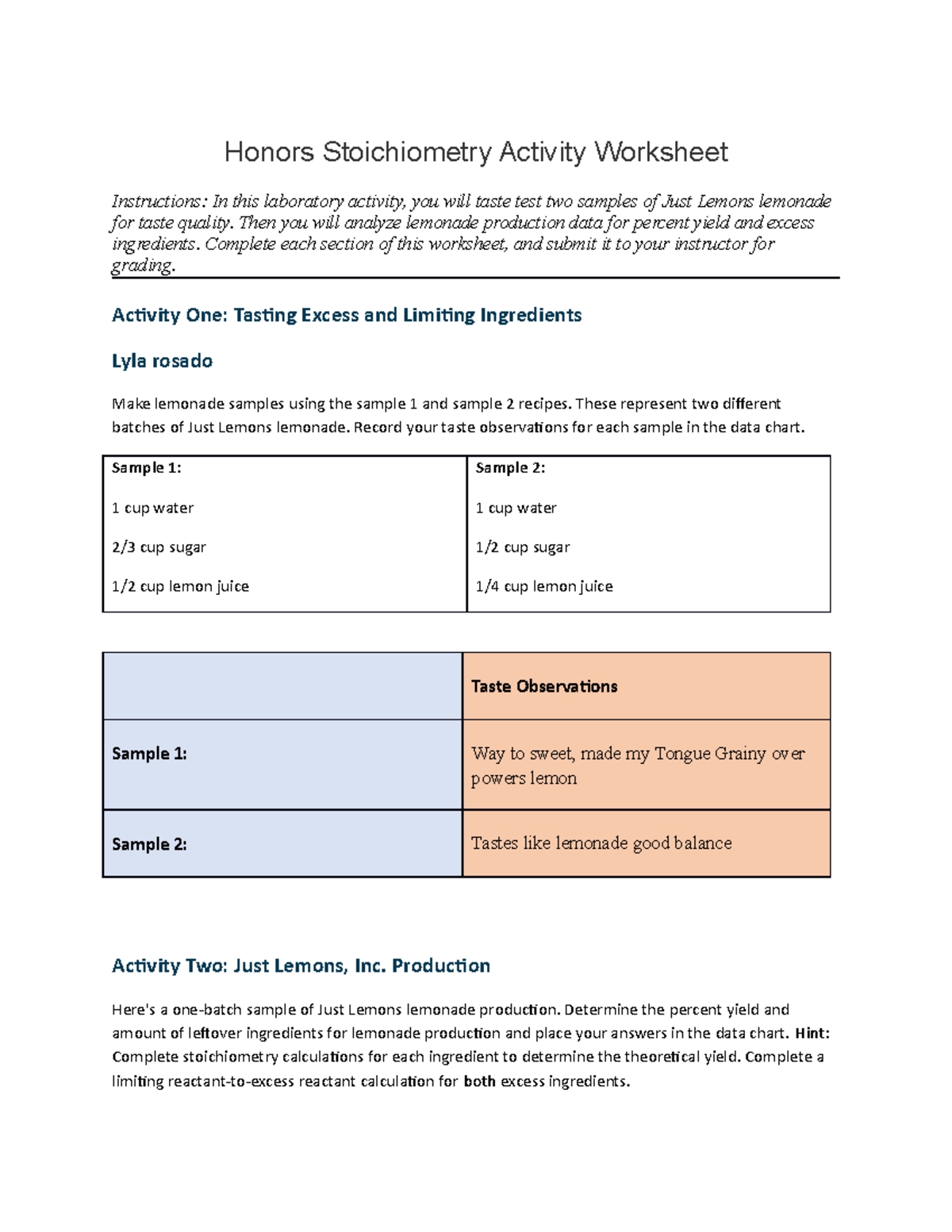 Lab Worksheet Copy Copy Honors Stoichiometry Activity Worksheet Instructions In This