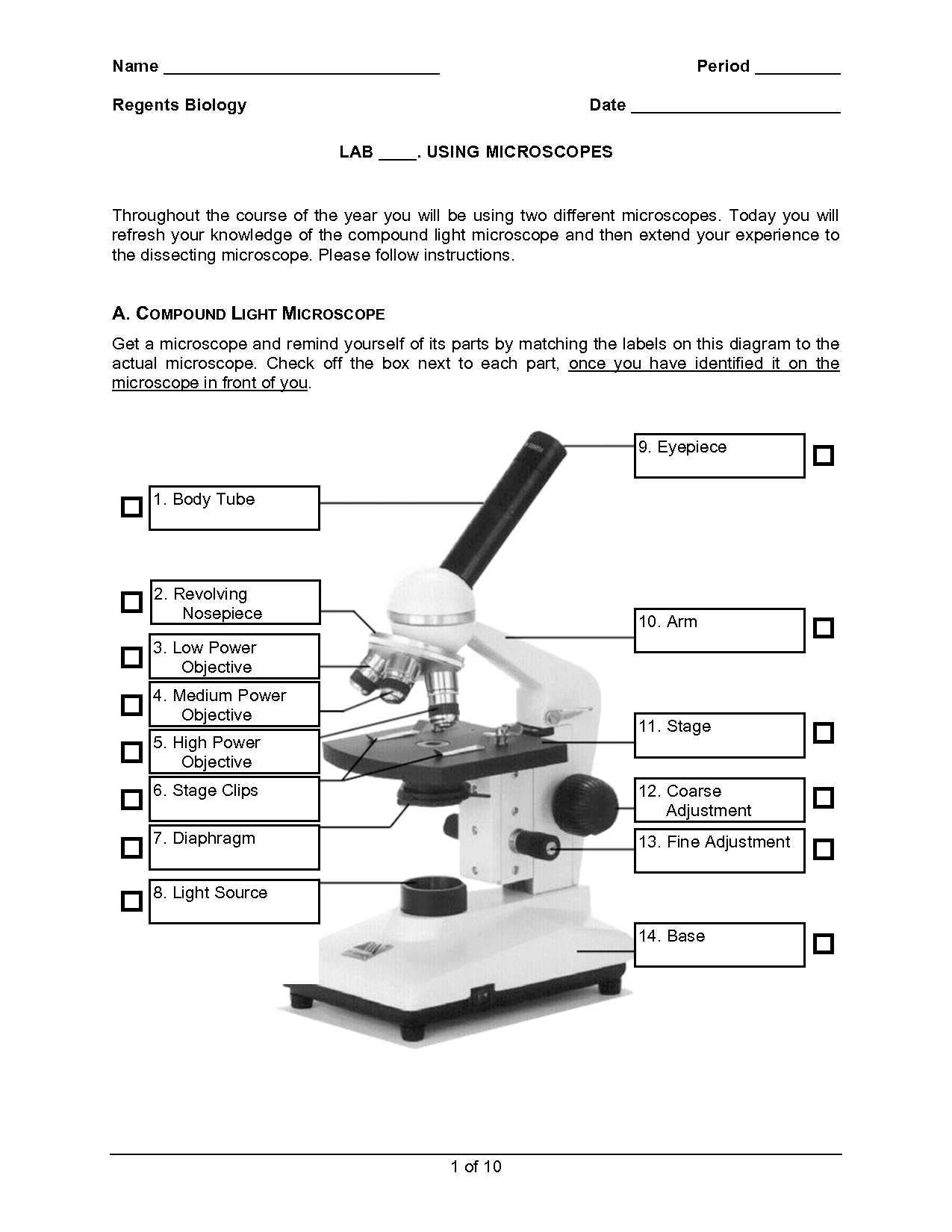 Microscope Worksheet Labeling for Students