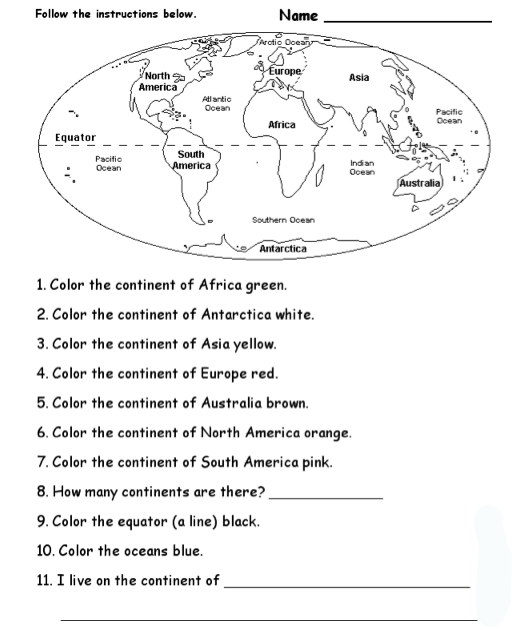 Label Continents and Oceans with Ease Free Worksheet