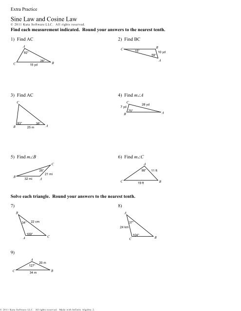 Law of Cosine Worksheet Problems and Solutions