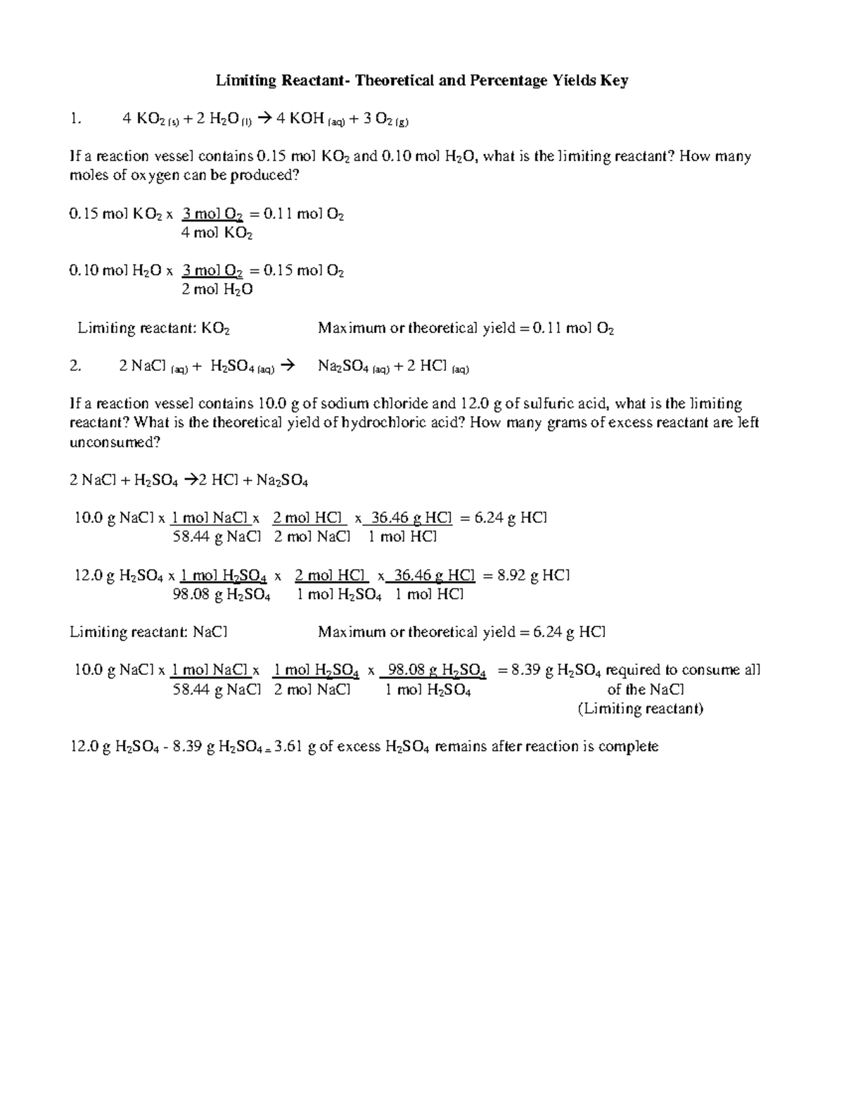 Limiting Reactant Practice Problems Worksheet Answers