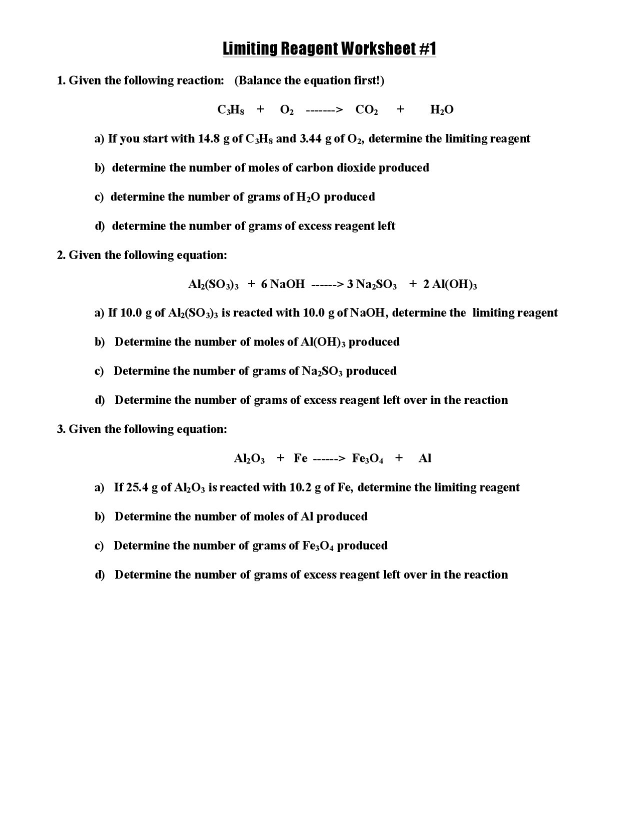 Limiting Reactant Worksheet