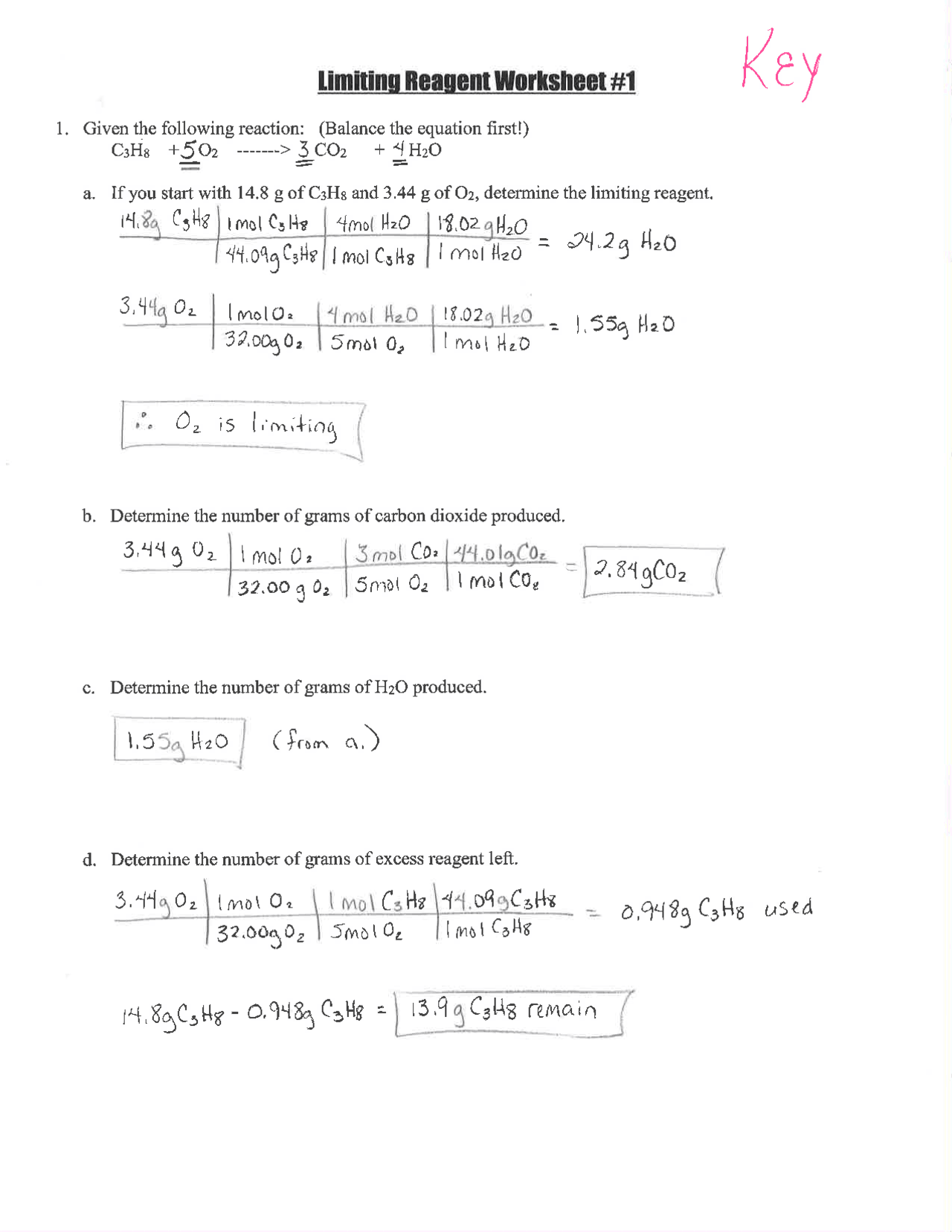 Limiting Reagent Worksheet Answer Key