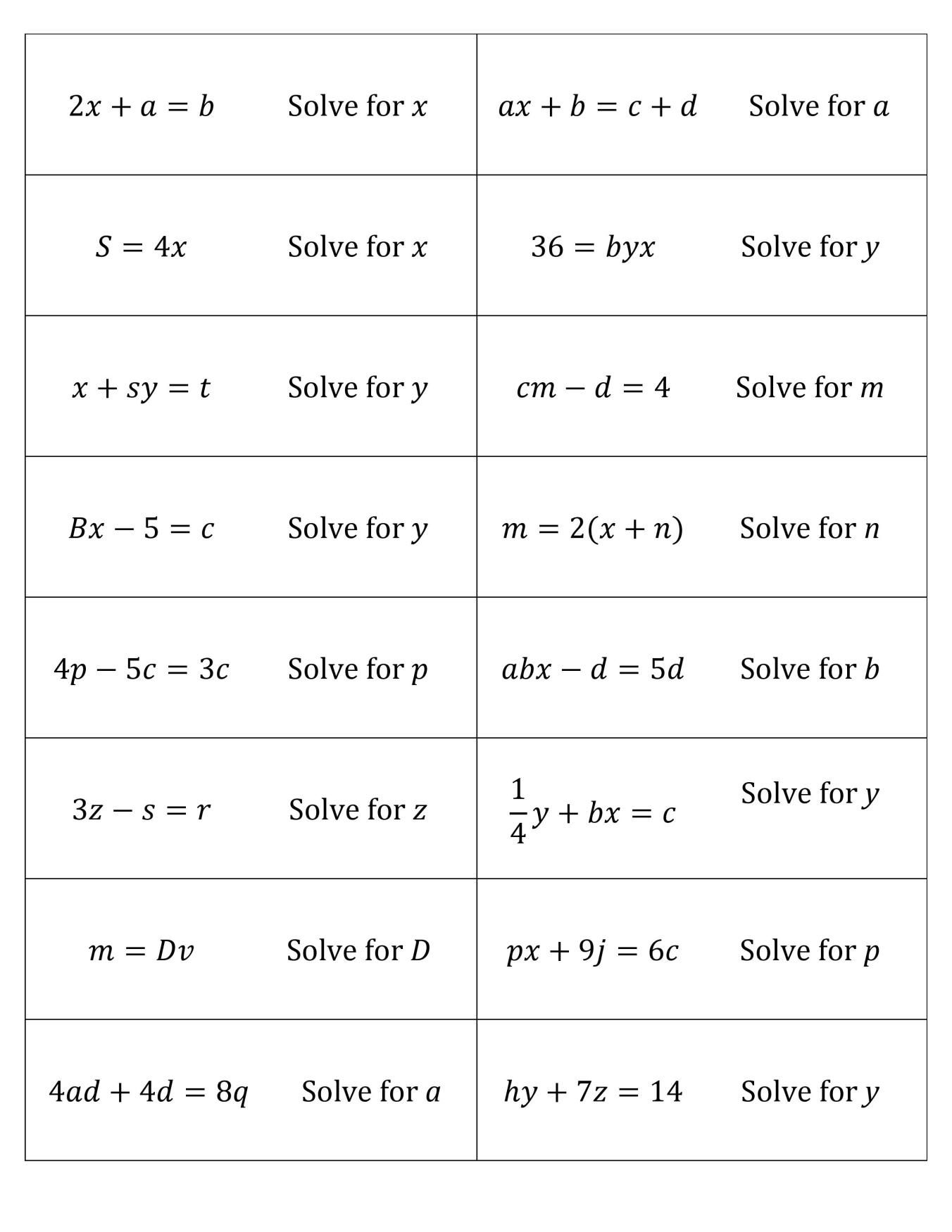 Literal Equations Practice Worksheet