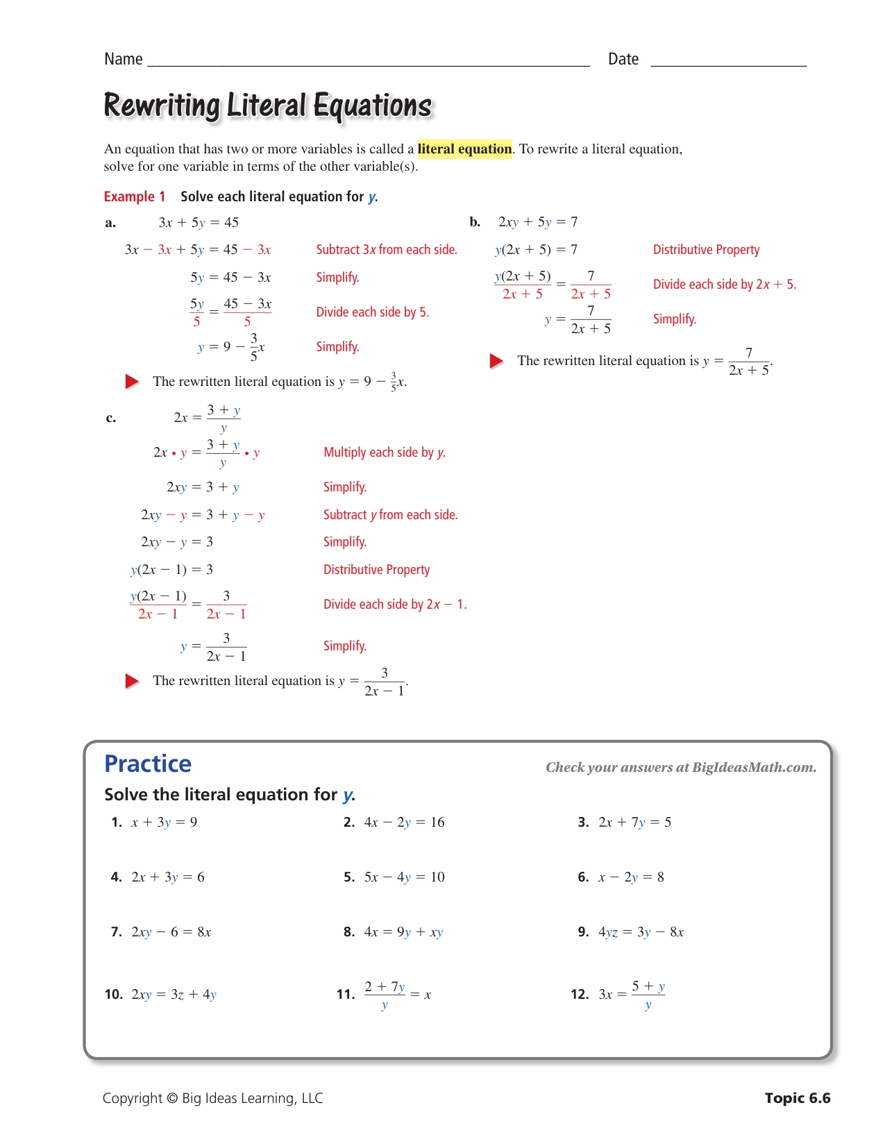 Literal Equations Worksheet Answers