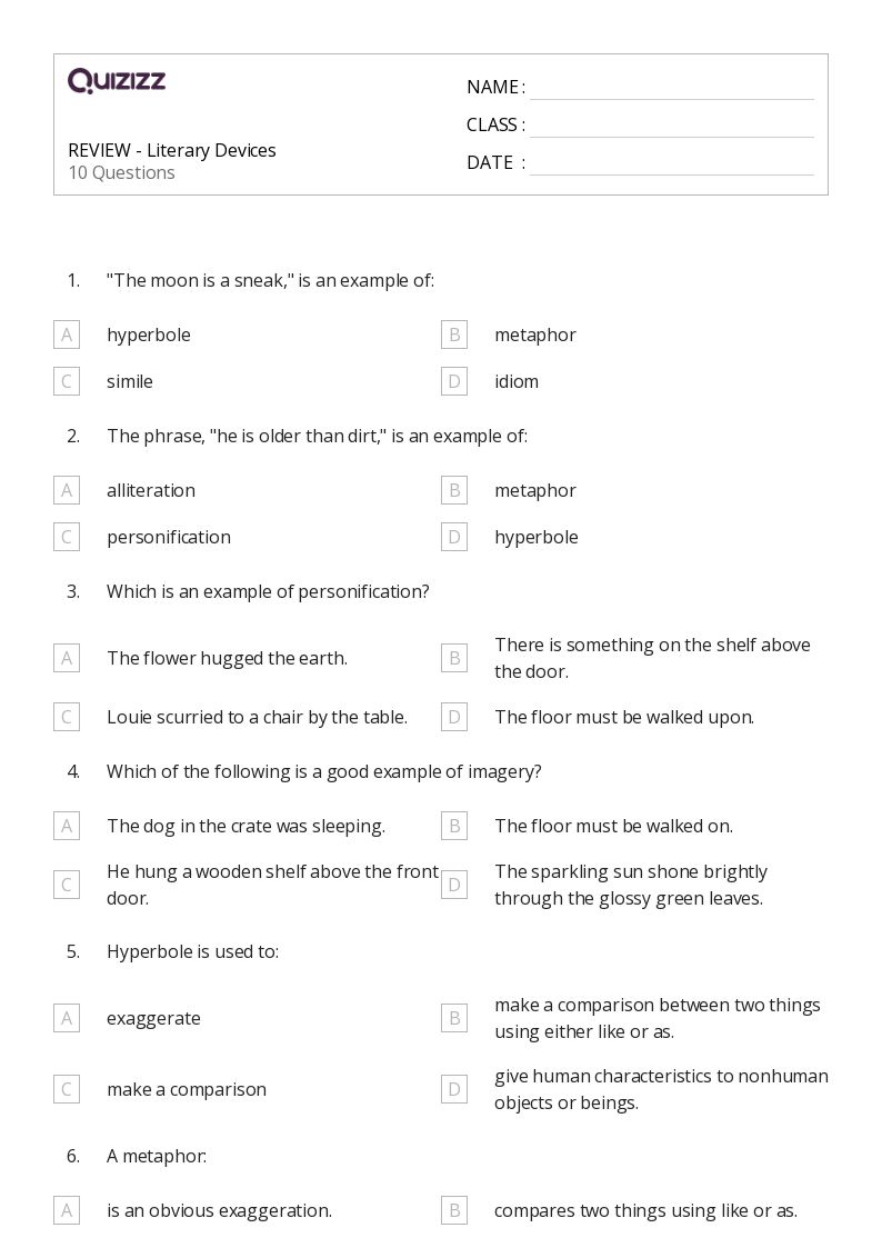 Mastering Literary Devices Worksheet