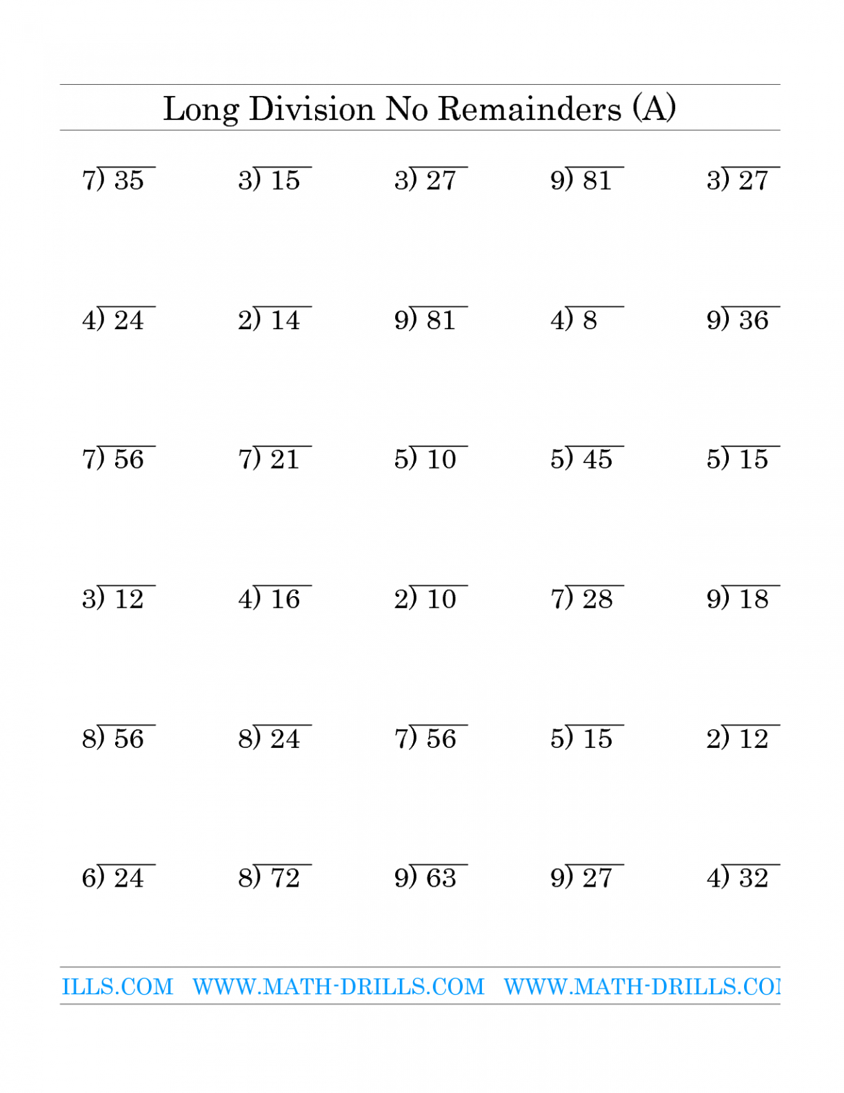 Long Division Printable Worksheets