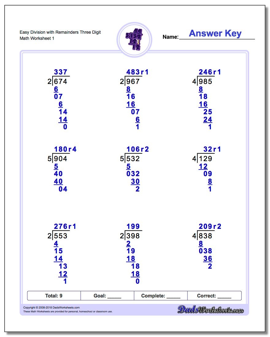 Long Division Worksheet with Answers and Examples