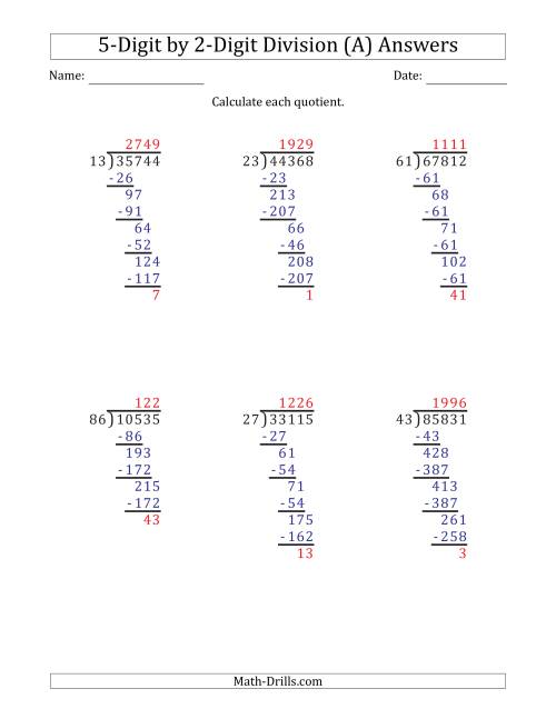 5 Easy Long Division Worksheets with Answers