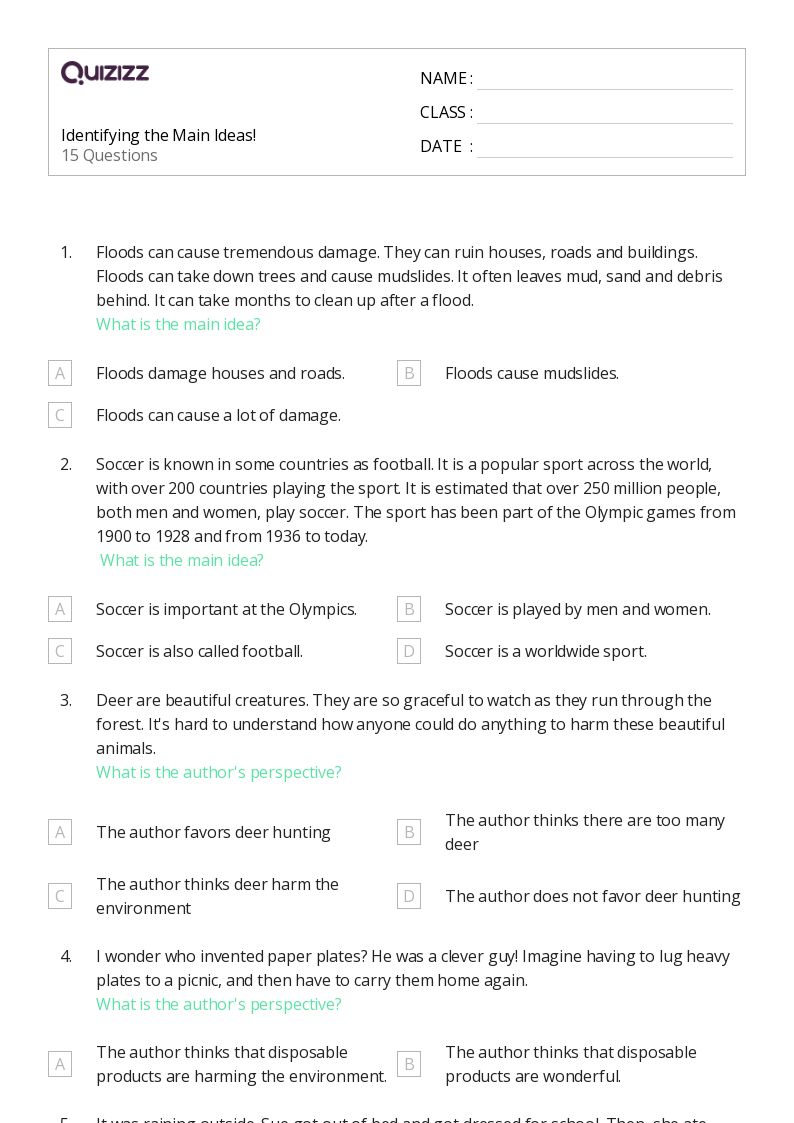 Main Idea Worksheets With Answer Key Made Easy