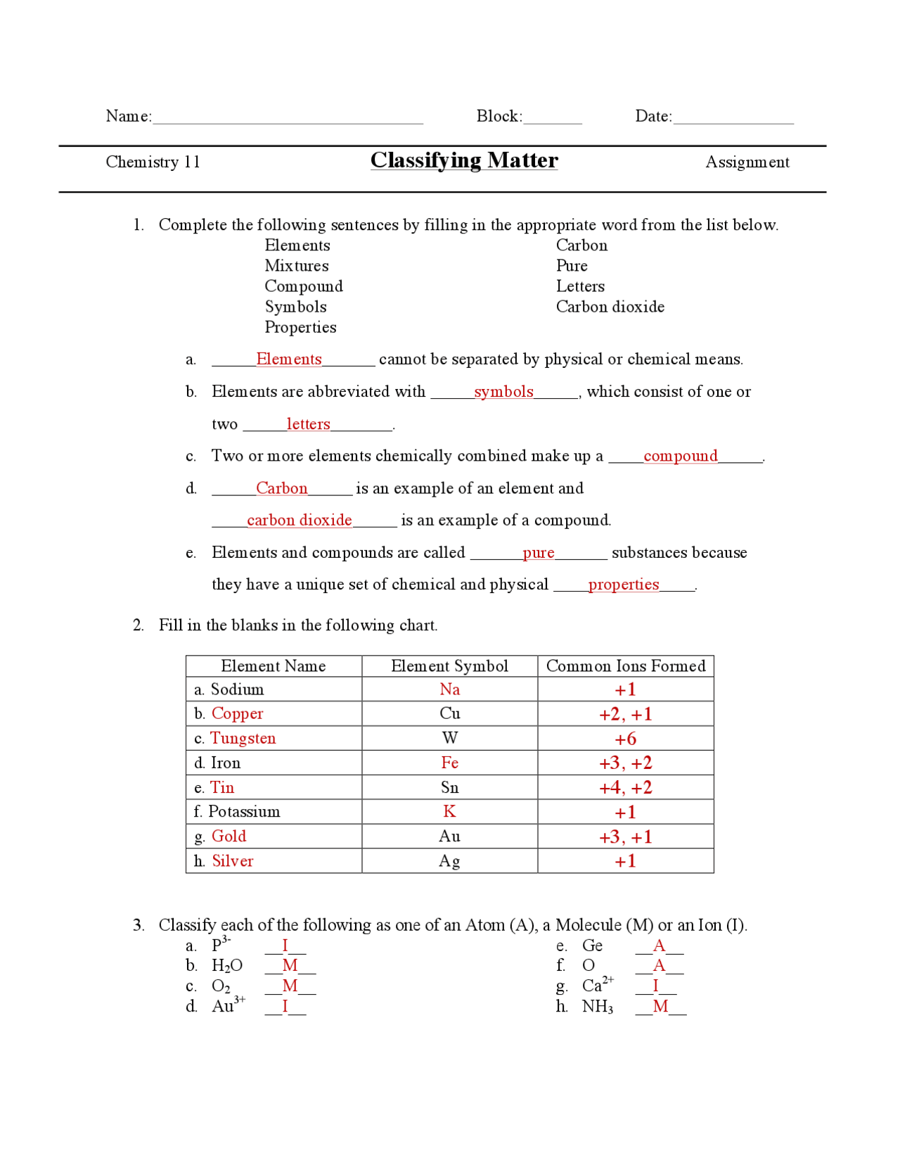 Matter Chemistry Worksheet for Students