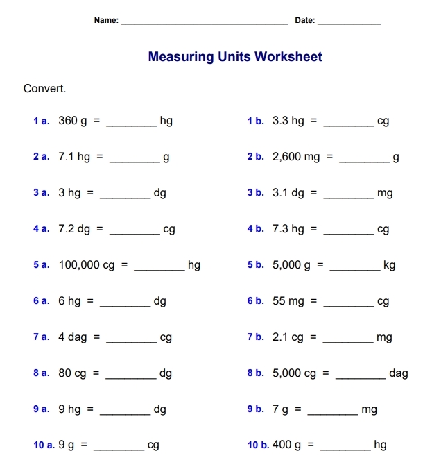 Measuring Units Worksheet Answer Key