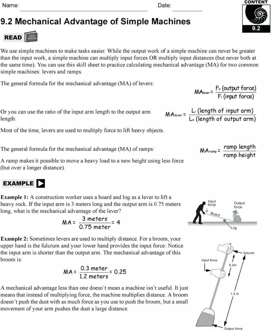 Mechanical Advantage Worksheet Answers Simplified