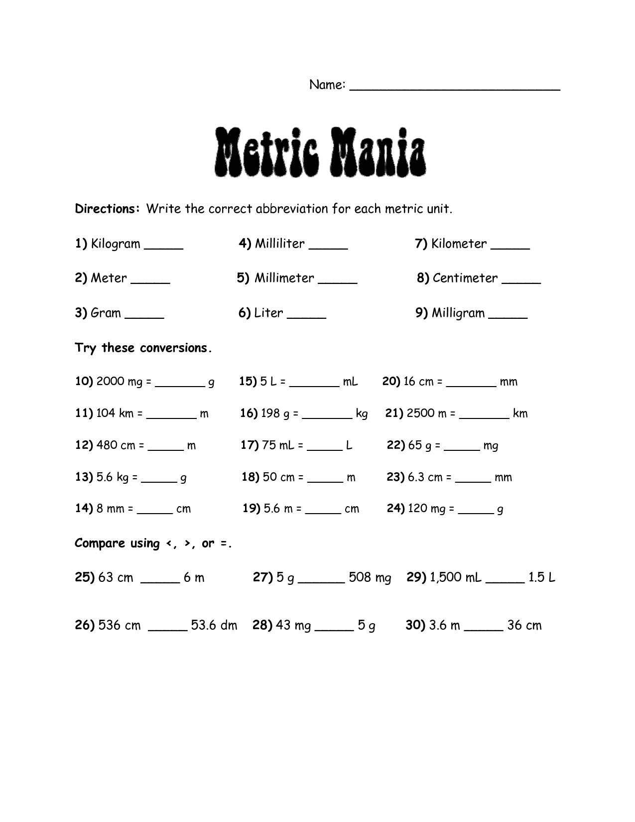 Metric Conversion Worksheet With Answers