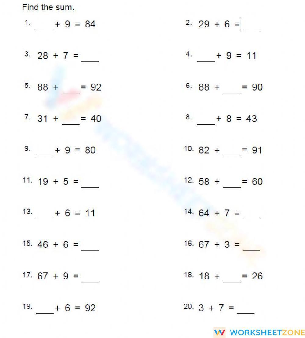 Missing Addends Worksheets for Grade 2 Students