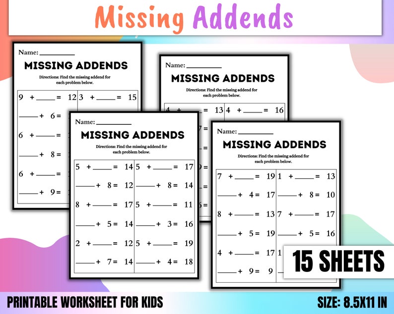 Missing Addends Worksheets for Kids