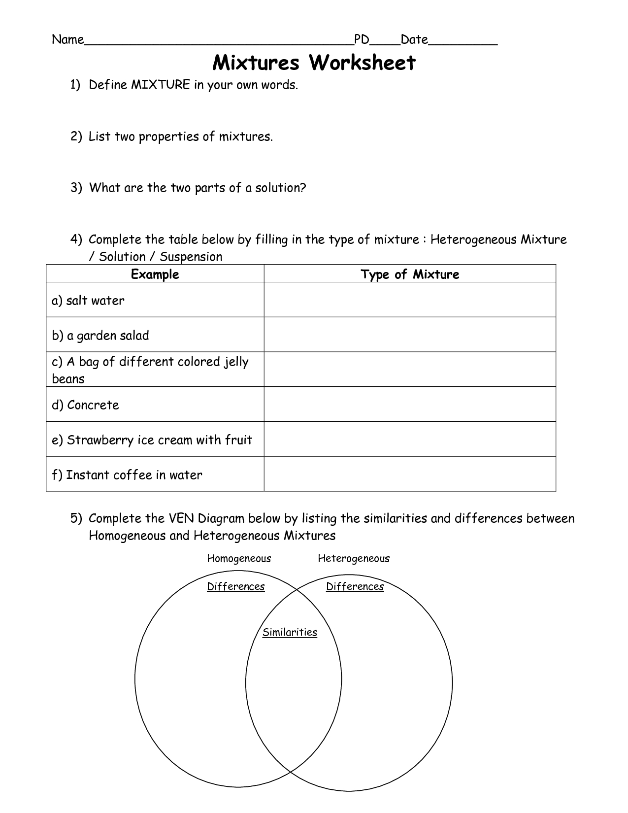 Mixtures and Solutions Worksheet for Chemistry Students