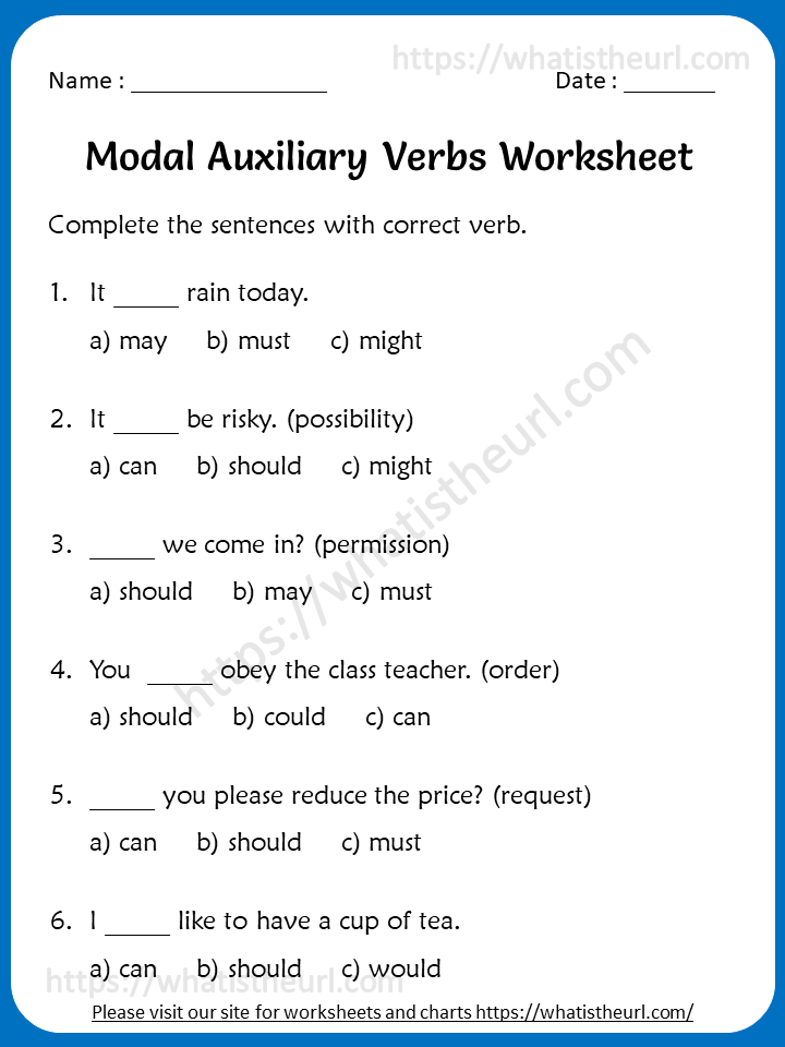 Modal Auxiliary Verbs Worksheet