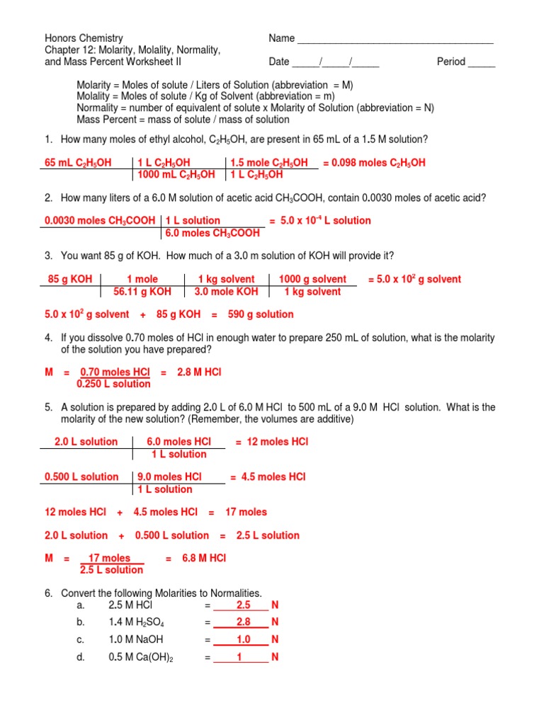 Molarity Problems Worksheet Answer Key: Chemistry Made Easy