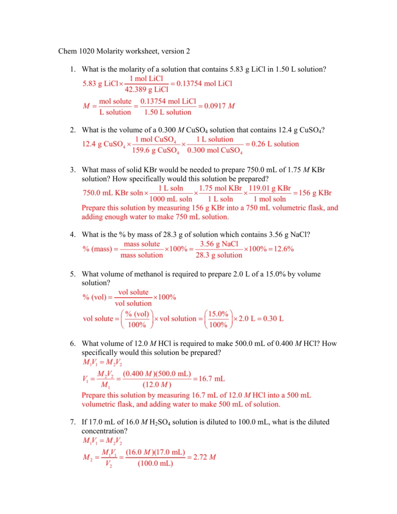 Molarity Worksheet Answers