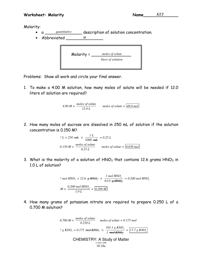 Molarity Worksheet With Answers Pdf