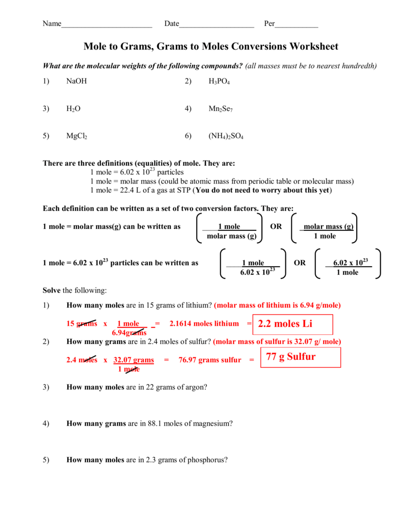 Mole Calculation Practice Worksheet