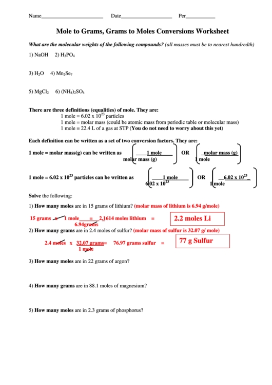 Mole Calculation Worksheet: Practice Problems Made Easy