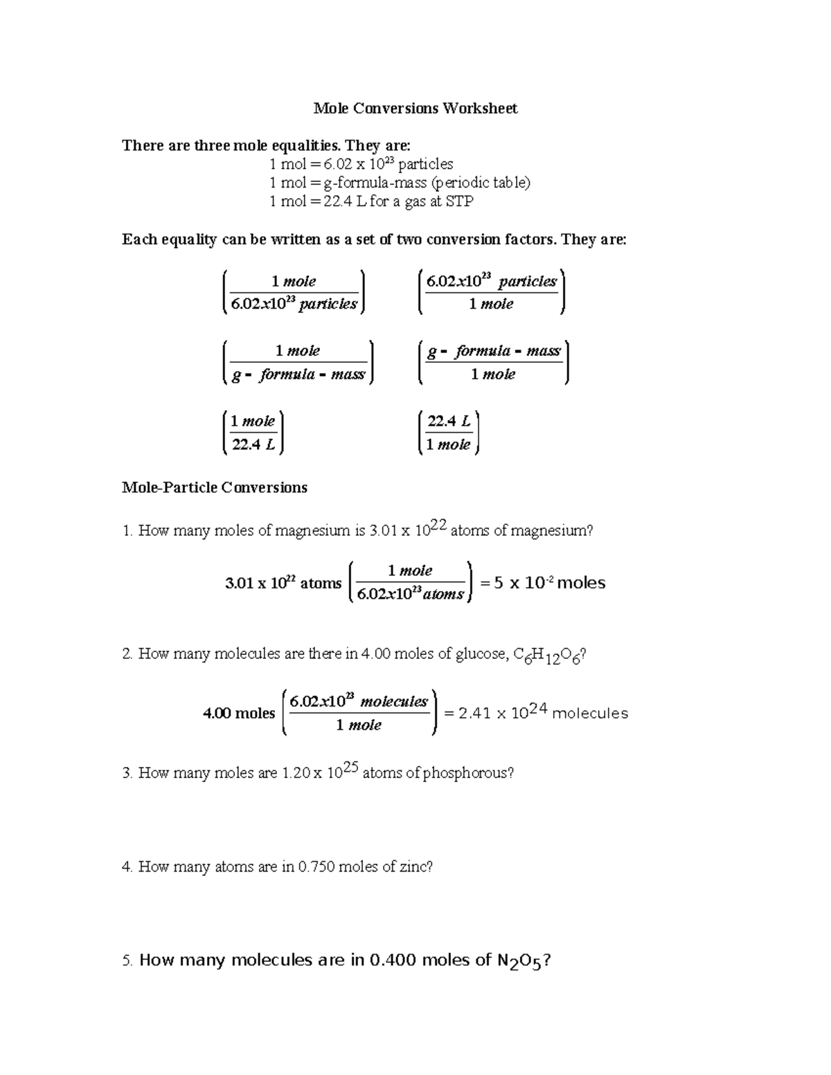 Mole Conversion Worksheet