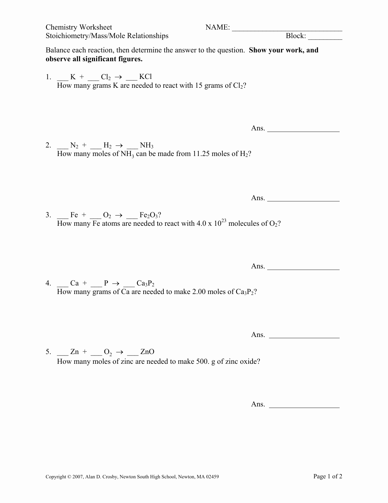 Mole Problems Worksheet With Answers