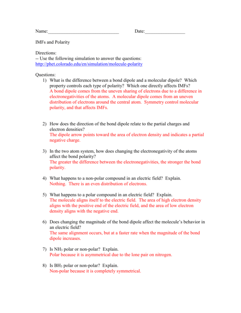 Molecular Polarity Worksheet Answer Key