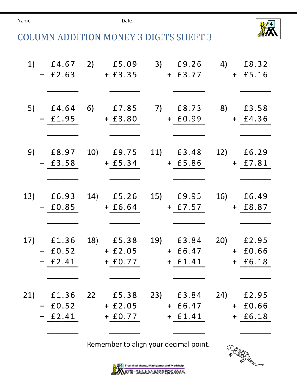 Money Addition Worksheets for Kids' Learning Fun