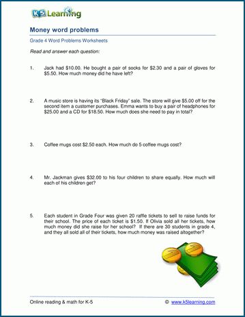 Money Word Problems Worksheets for Kids and Students