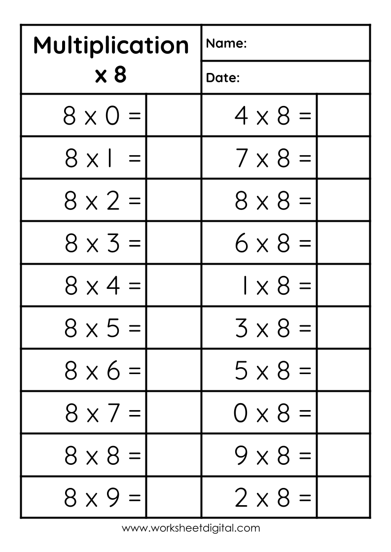 Multiplication 8 Worksheet Printable