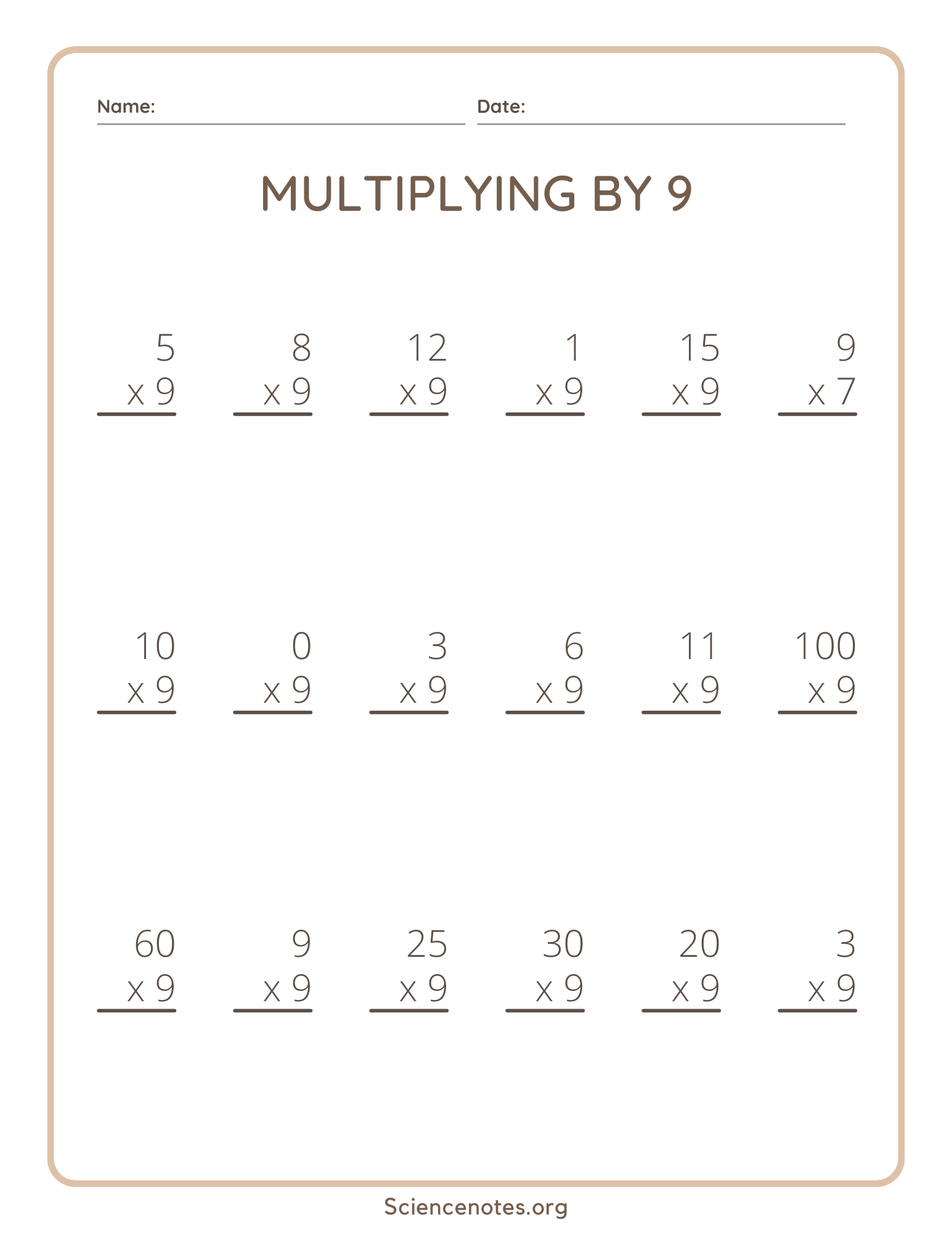 Multiplication 9 Worksheet