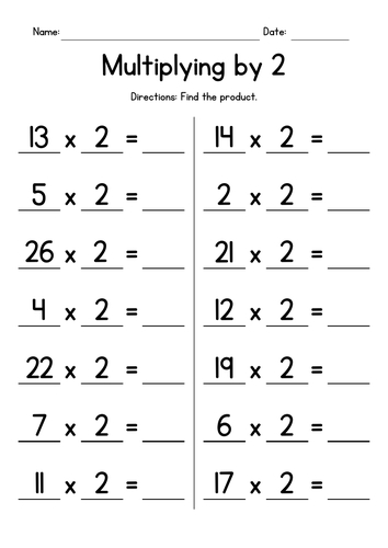 Multiplication by 2 Worksheet for Kids Learning Fun