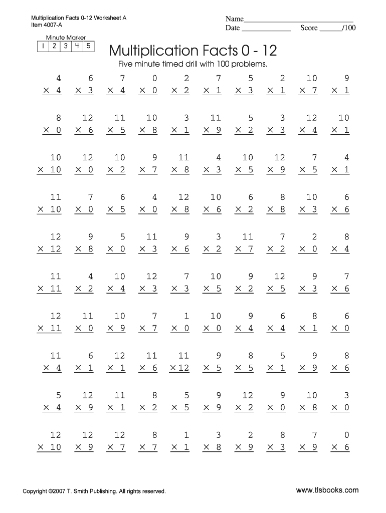 Multiplication Facts 0 12 Printable Pdf