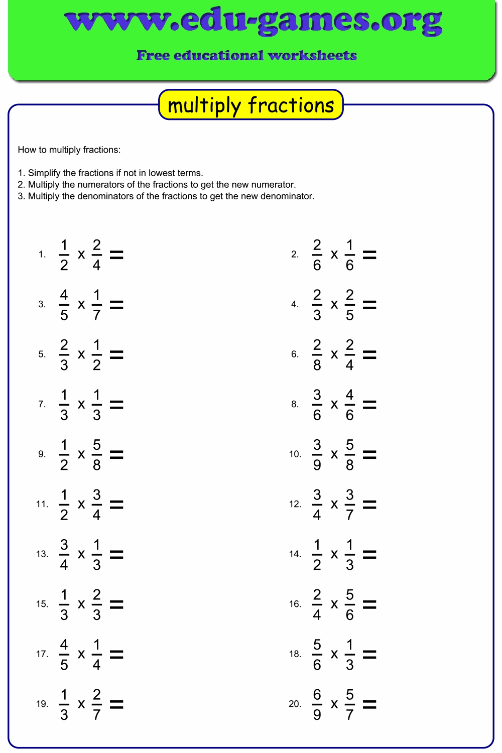 Multiplication Fraction Worksheets