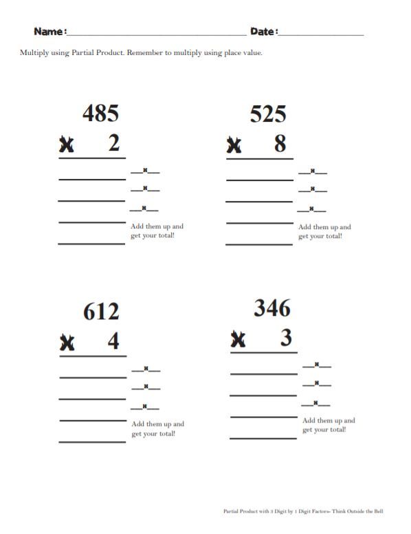 Multiplication Partial Products Worksheets