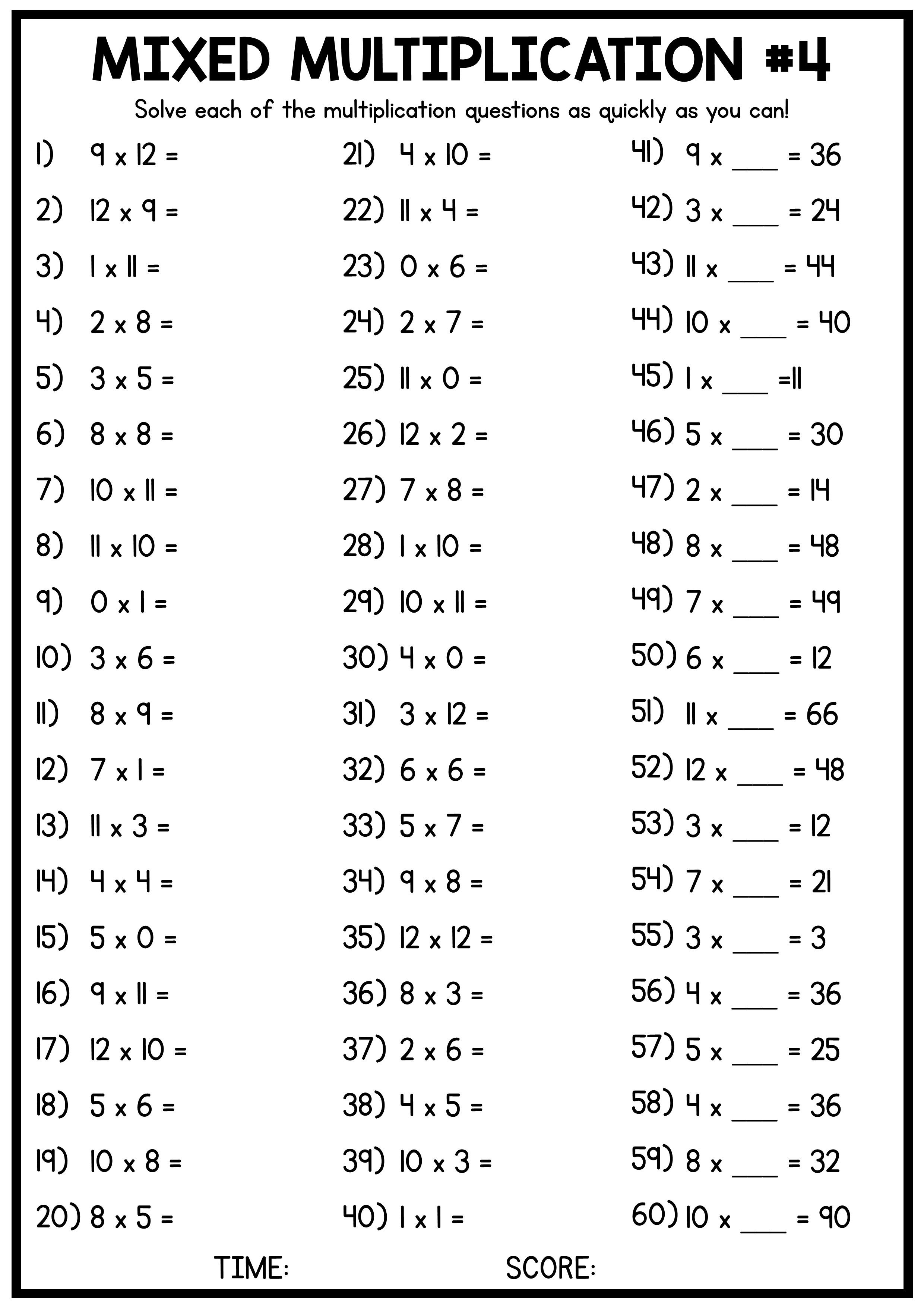 Multiplication Table Printable Worksheet Free