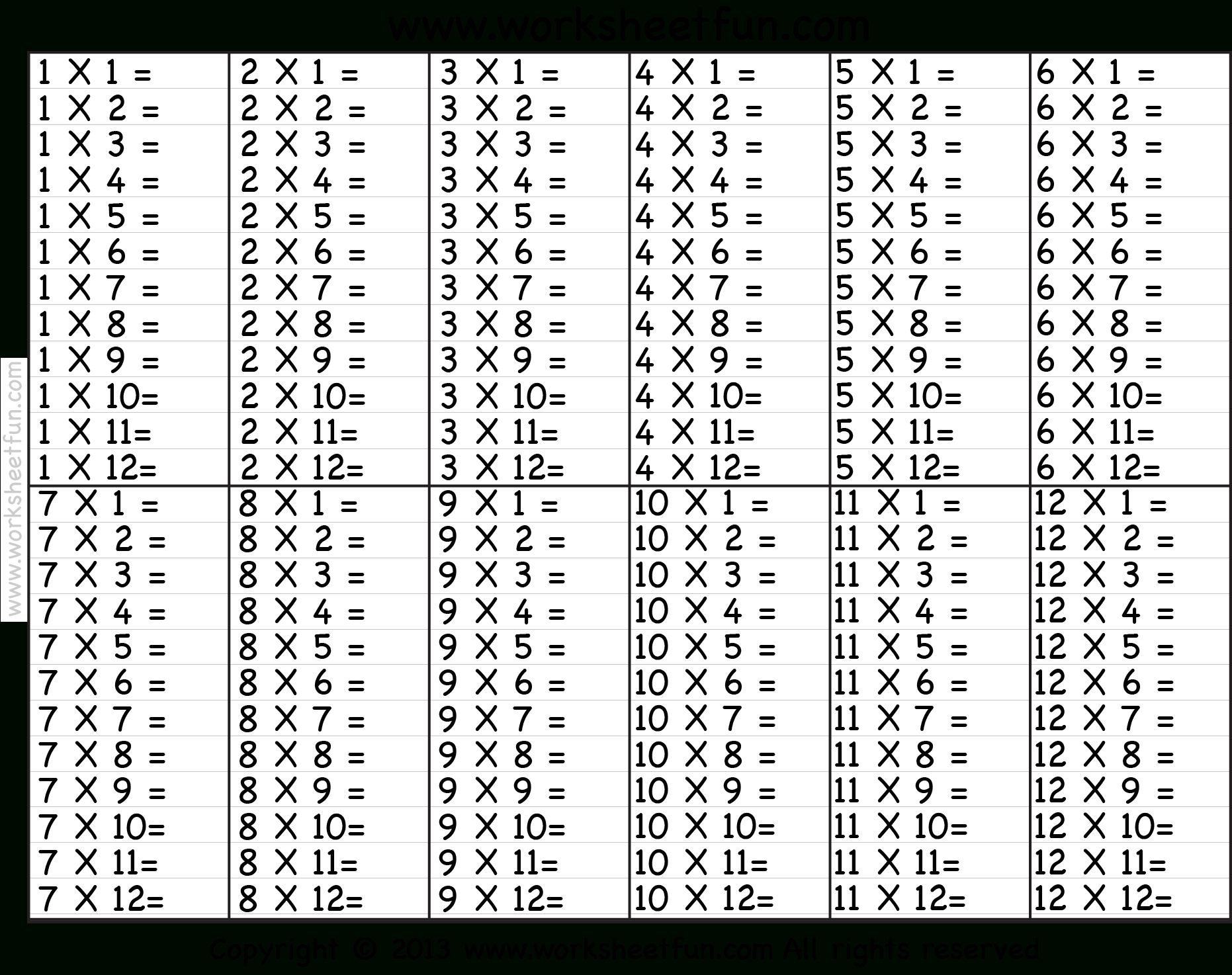 Free Printable Multiplication Tables Worksheet