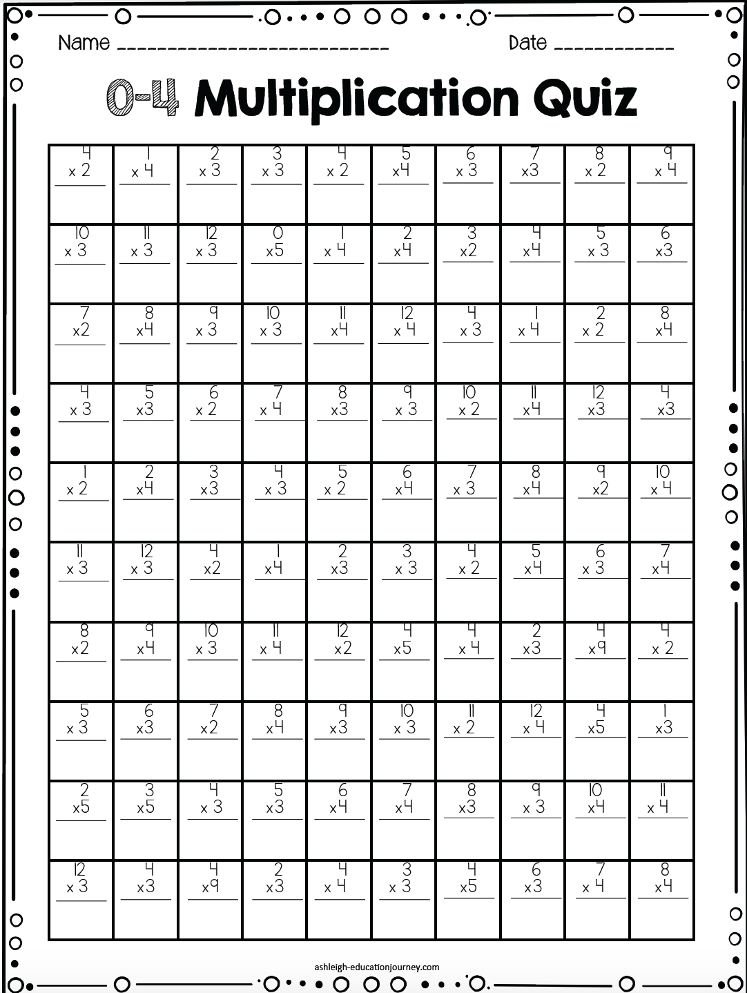 Multiplication Times Table Worksheet for Kids