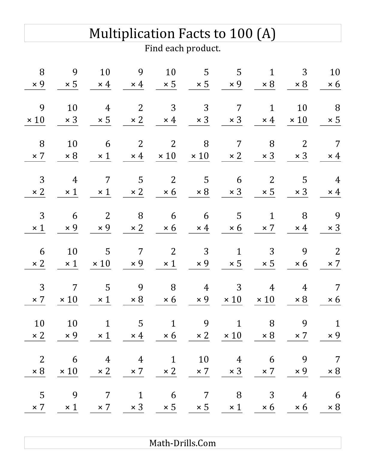 100 Multiplication Problems Worksheets