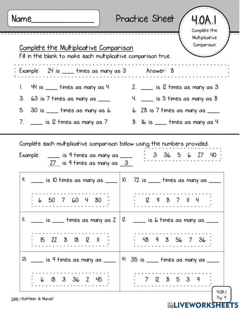 Multiplicative Comparison Worksheets for Math Mastery