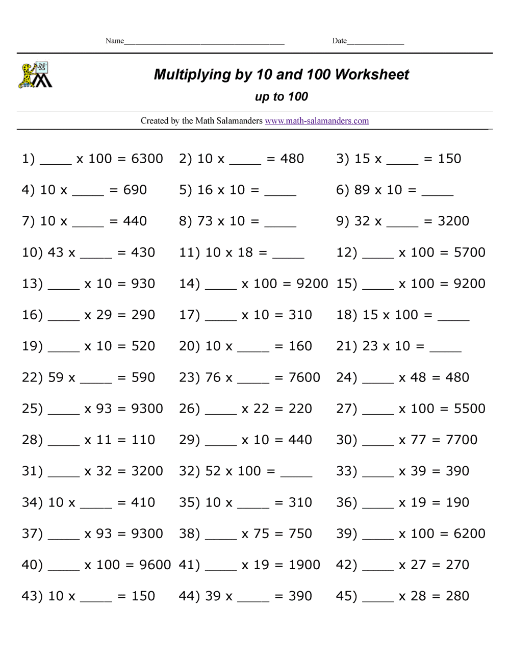 Multiply By 10 Worksheet Pdf