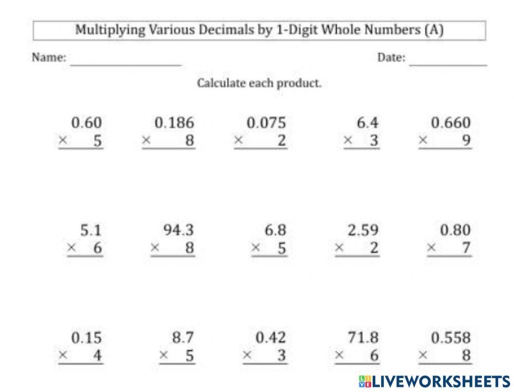 Multiplying Decimals By A Whole Number Worksheet