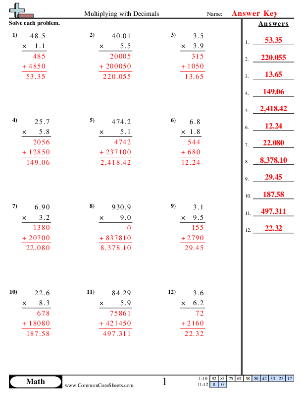 Decimals Multiply with Ease Worksheet