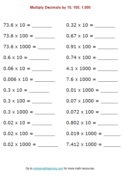 Multiplying Decimals Worksheets Pdf