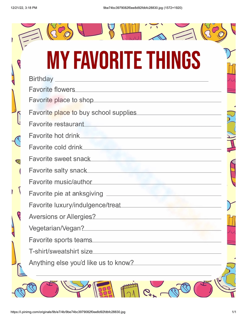 My Favorite Things Worksheet Activities